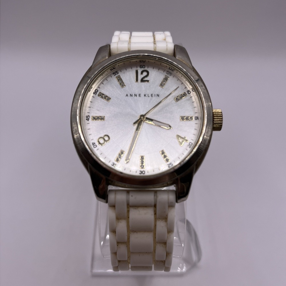 Anne Klein Women's Silver Tone Round Dial White Silicone Band- New Battery!